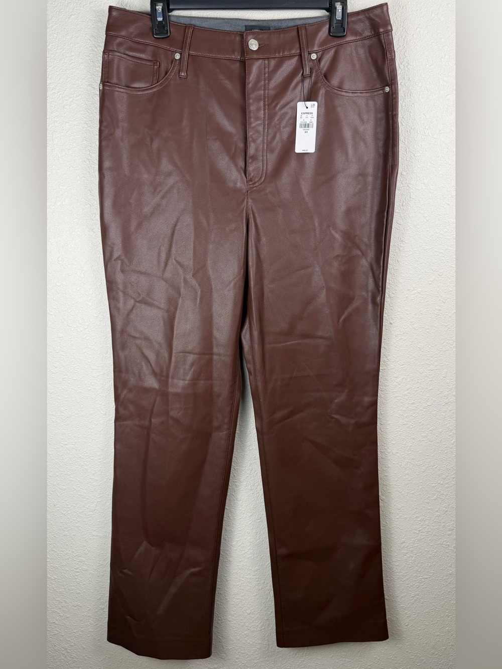 Express Faux Leather Pants Womens 14R Chocolate Brown High Rise Straight NWT